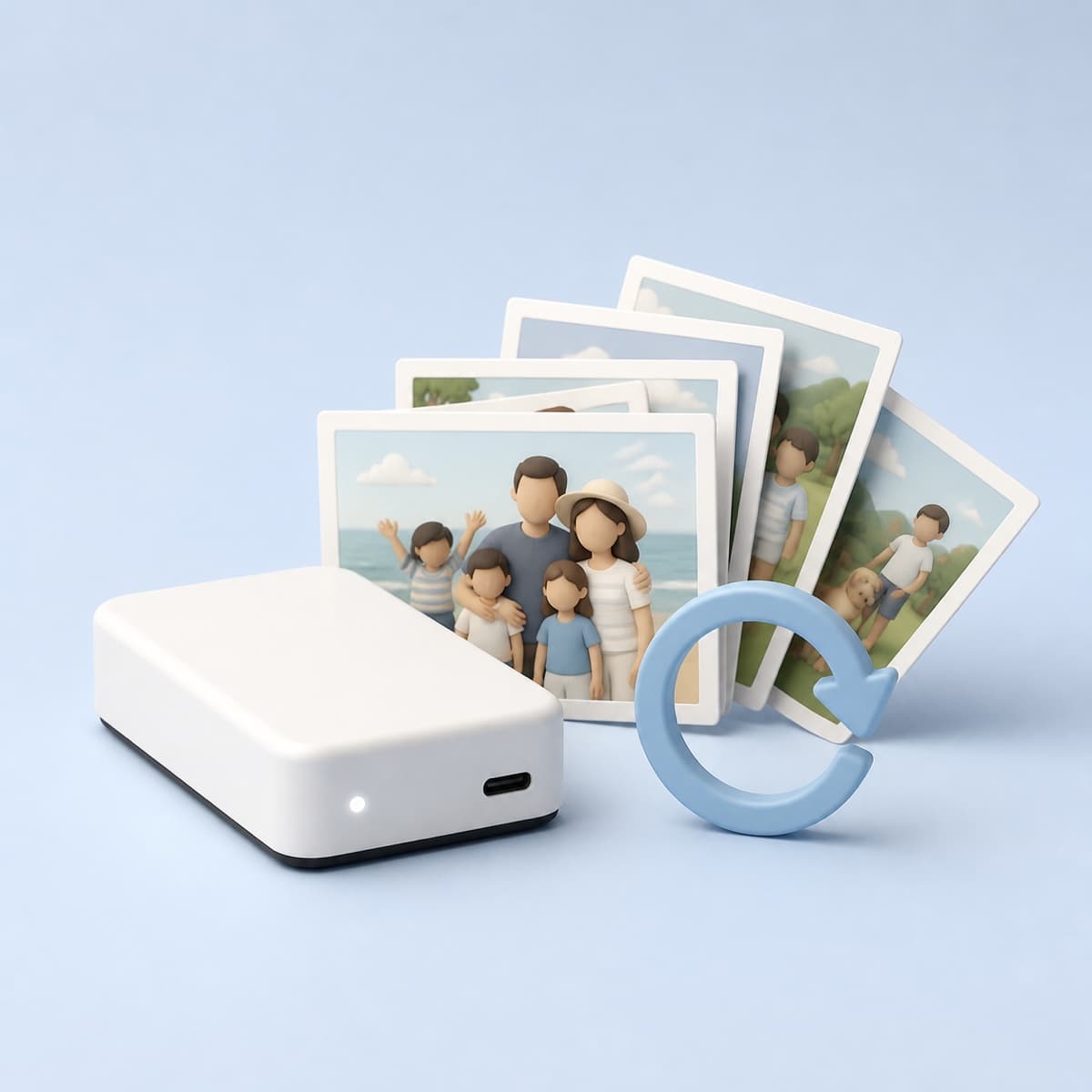 Foto di famiglia accanto a un disco per il backup